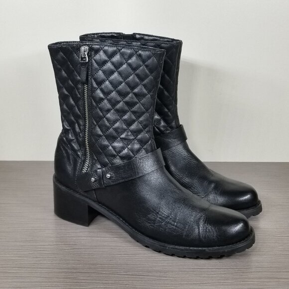 Halogen Quilted Moto Boots Block Heel Lug Sole, Black Leather, Womens Size 9 M - Picture 1 of 12